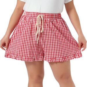 Women Plus Size Boxer Shorts Gingham Ruffle Lounge Shorts Red